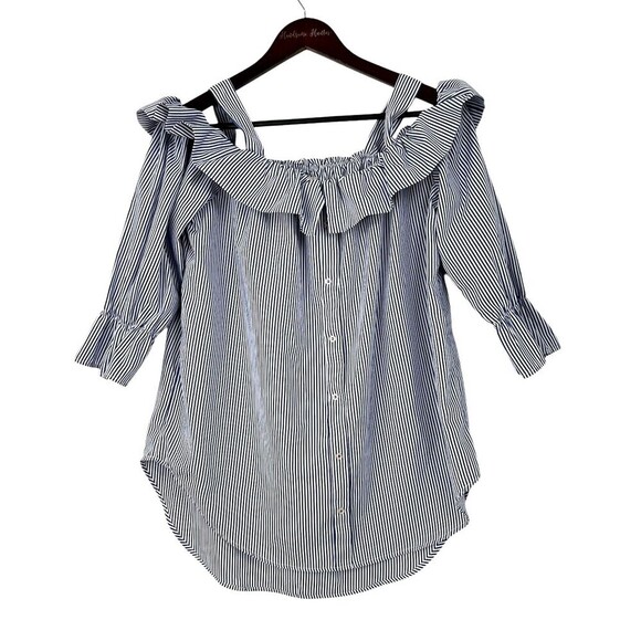 Janet Chung Womens Size L  Blouse Blue White Striped Off Shoulder Ruffle Top H2 - Picture 1 of 12